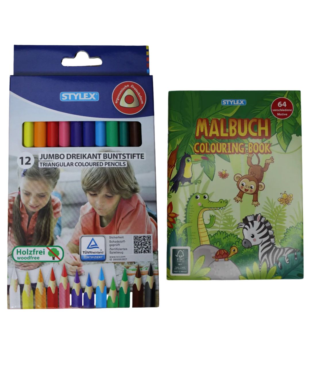 Das Mal-Set 1.0 Kinder, (Stylex Jumbo Dreikant Buntstifte, 12er-Set, 25092), (Stylex Malbuch für Kinder, 64 Seiten, 77144)