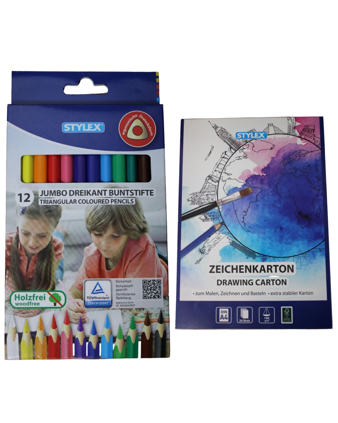 Das Mal-Set 3.0, (Stylex Jumbo Dreikant Buntstifte, 12er-Set, 25092), (Stylex Zeichenkarton, A4, 190 g/m2, weiß, 20 Blatt, 46727)