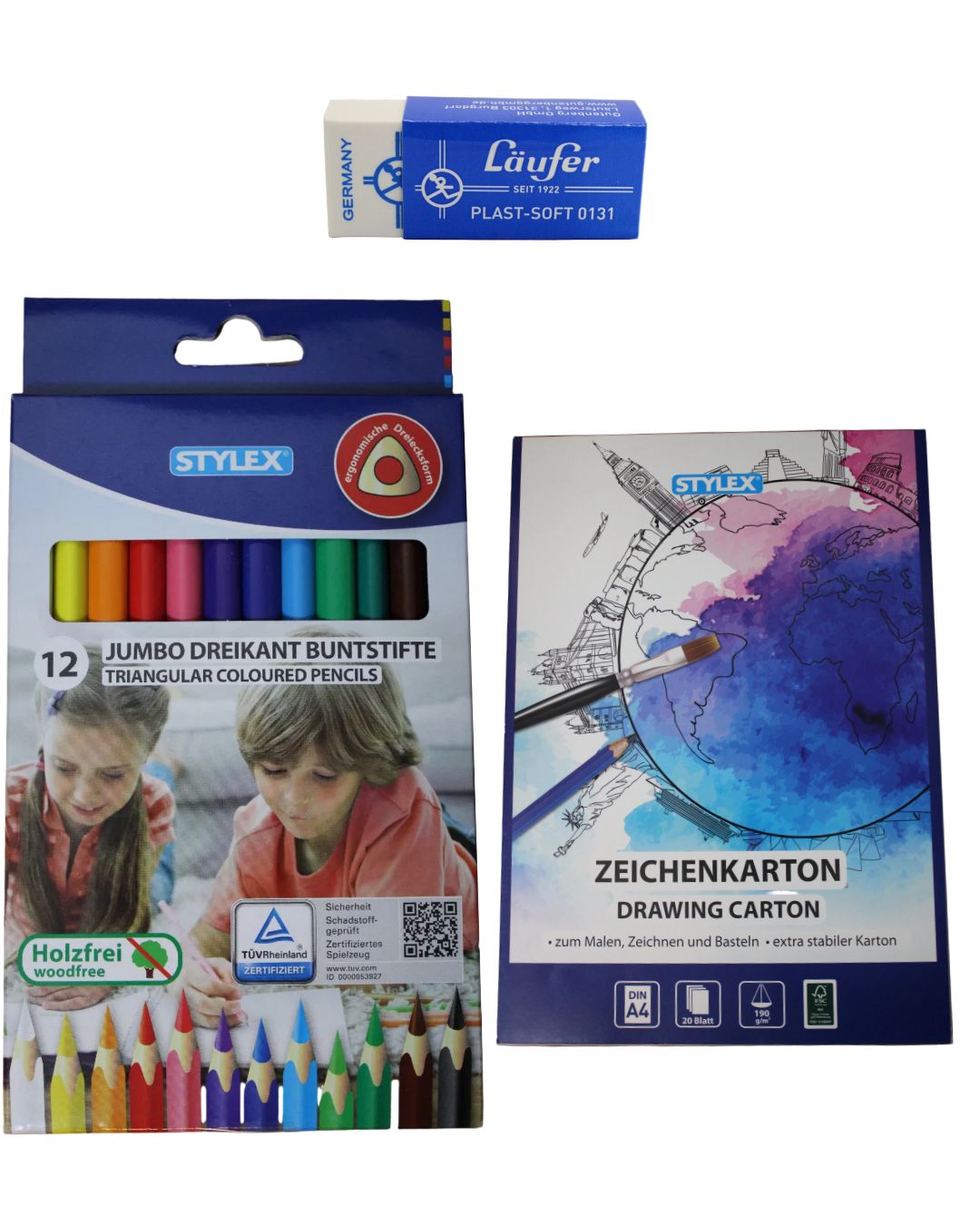 Das Mal-Set 4.0, (Stylex Jumbo Dreikant Buntstifte, 12er-Set, 25092), (Stylex Zeichenkarton, A4, 190 g/m2, weiß, 20 Blatt, 46727), (Radiergummi Läufer Plast Soft)