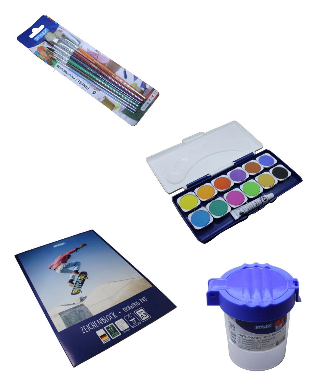 Das Kunst-Set 1.0 Kunstunterricht-Set, (Stylex Zeichenblock, A3, 120g/m2, weiß, 20 Blatt, 41316), (Stylex Schulmalpinsel 6-Teilig, 35060), (Stylex Wasserbecher), (Schulfarbkasten Stylex, 1 Deckweiß und 12 Farben)