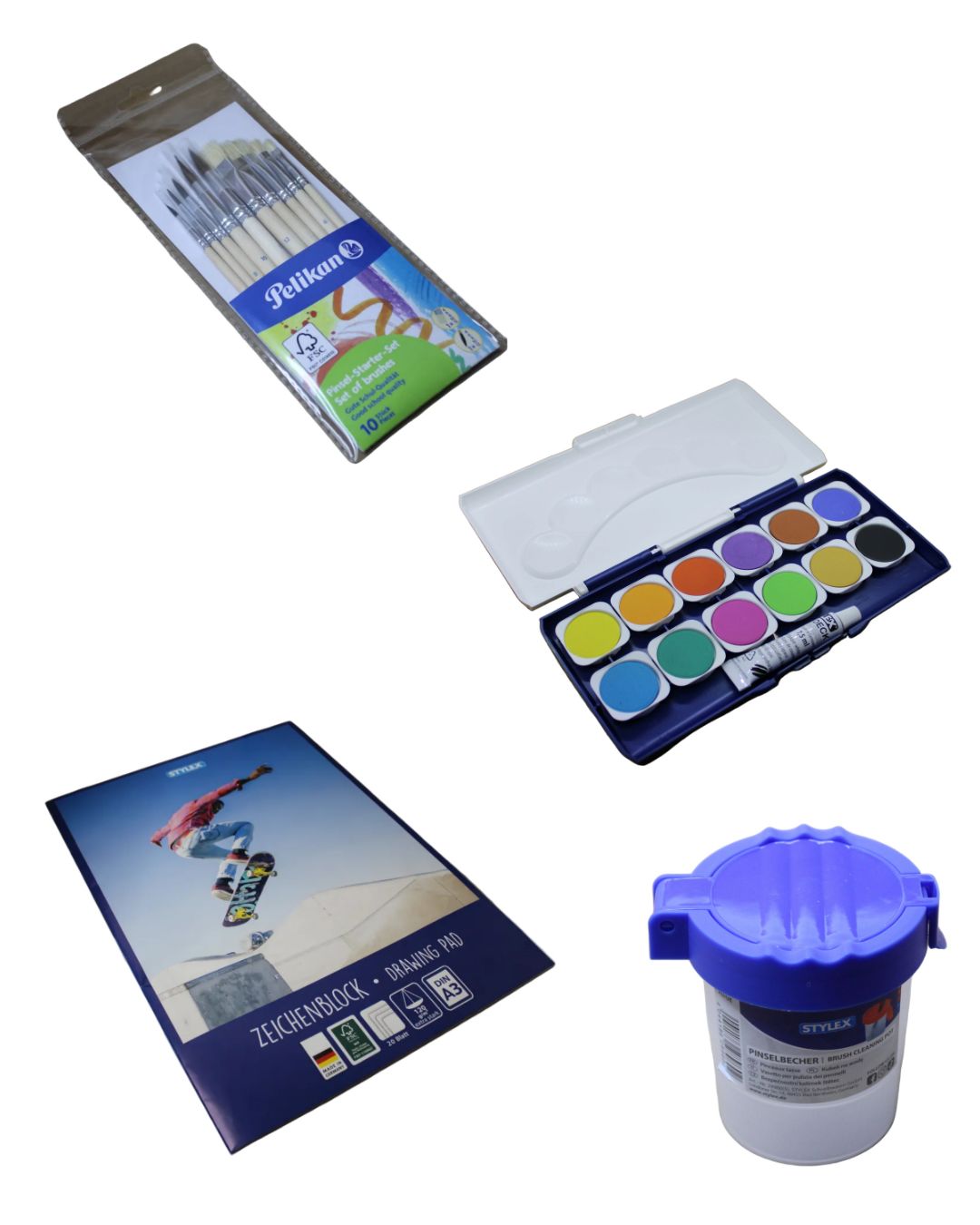 Das Kunst-Set 2.0 Kunstunterricht-Set, (Schulfarbkasten Stylex, 1 Deckweiß und 12 Farben), (Stylex Wasserbecher), (Stylex Zeichenblock, A3, 120g/m2, weiß, 20 Blatt, 41316), (Pelikan Pinsel-Starter-Set, 10-Teilig, PL10/SB)
