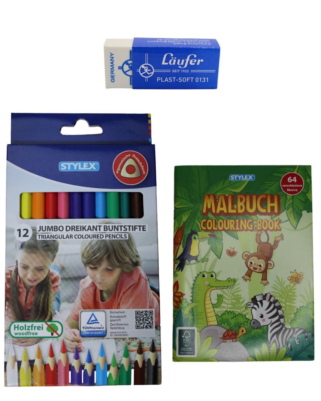 Das Mal-Set 2.0 Kinder, (Stylex Jumbo Dreikant Buntstifte, 12er-Set, 25092), (Stylex Malbuch für Kinder, 64 Seiten, 77144), (Radiergummi Läufer Plast Soft)