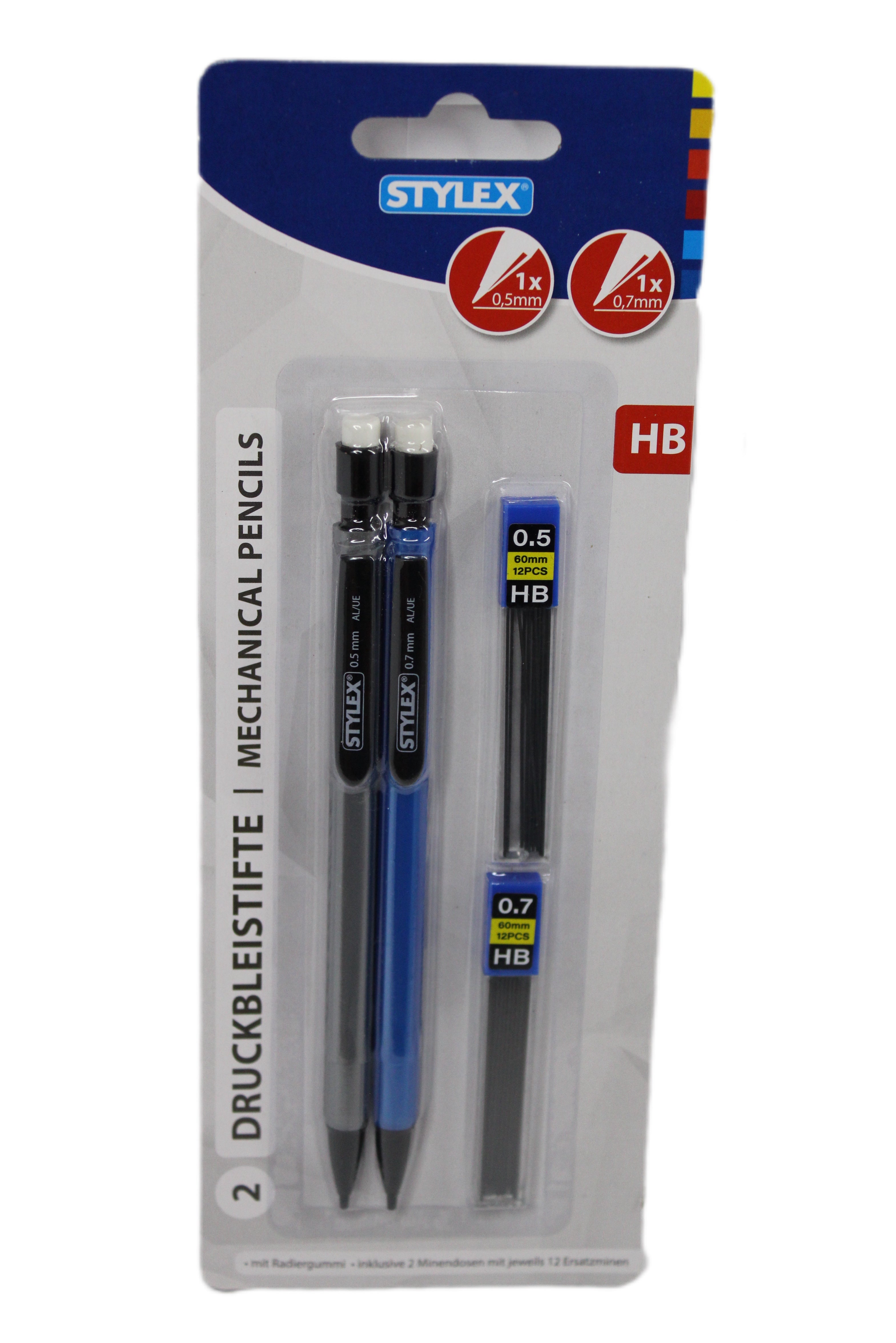 Druckbleistift Stylex HB, farbig sortiert, 0.5mm, 0.7mm, 2 Stück