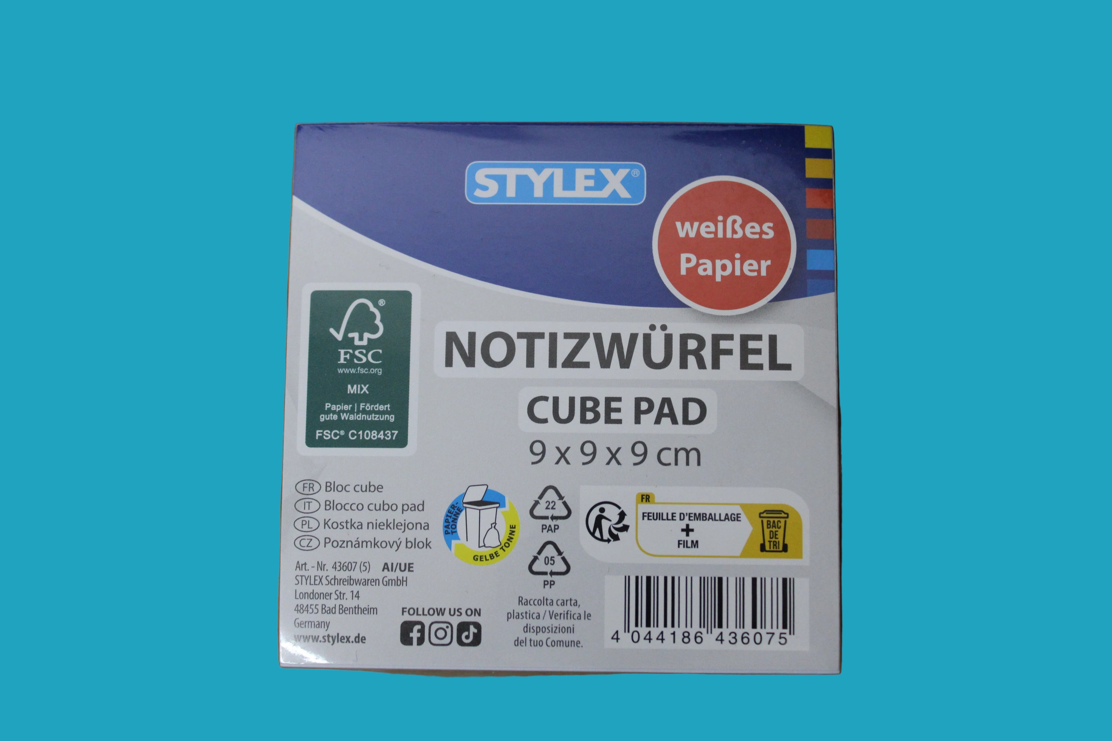 Stylex Notizwürfel, 9x9x9cm, weiß, ca. 1000 Blatt, geleimt, 43607
