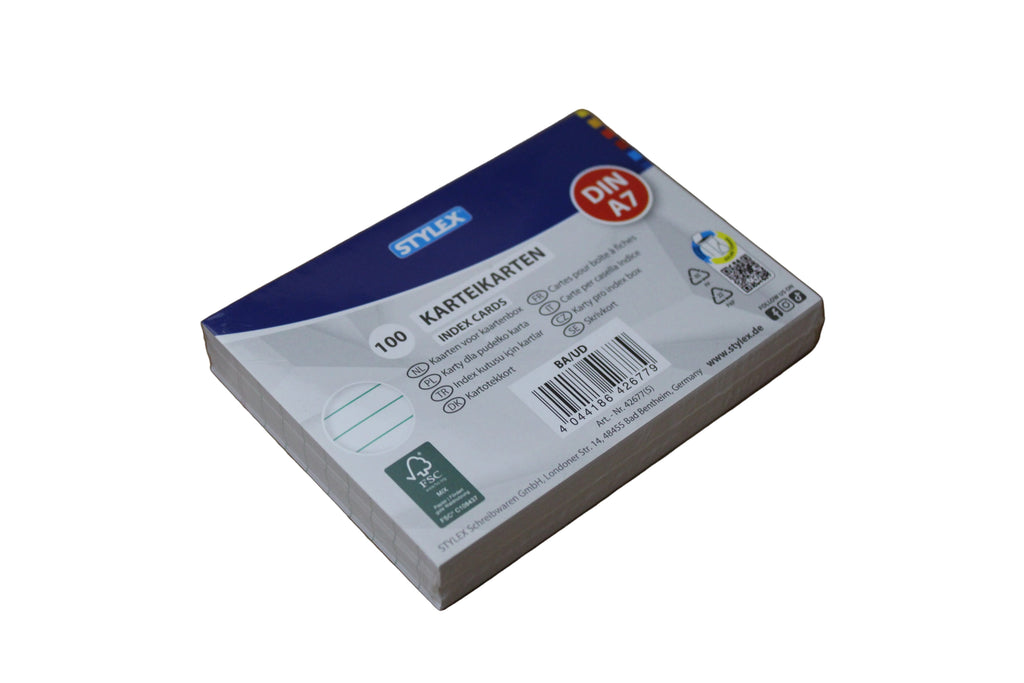 Stylex Karteikarten, A7, 140 g/m2, weiß, liniert, 100er Packung, 42677