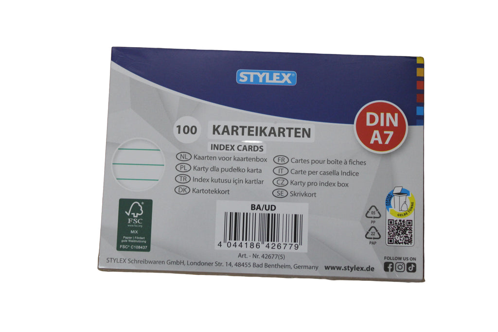 Stylex Karteikarten, A7, 140 g/m2, weiß, liniert, 100er Packung, 42677
