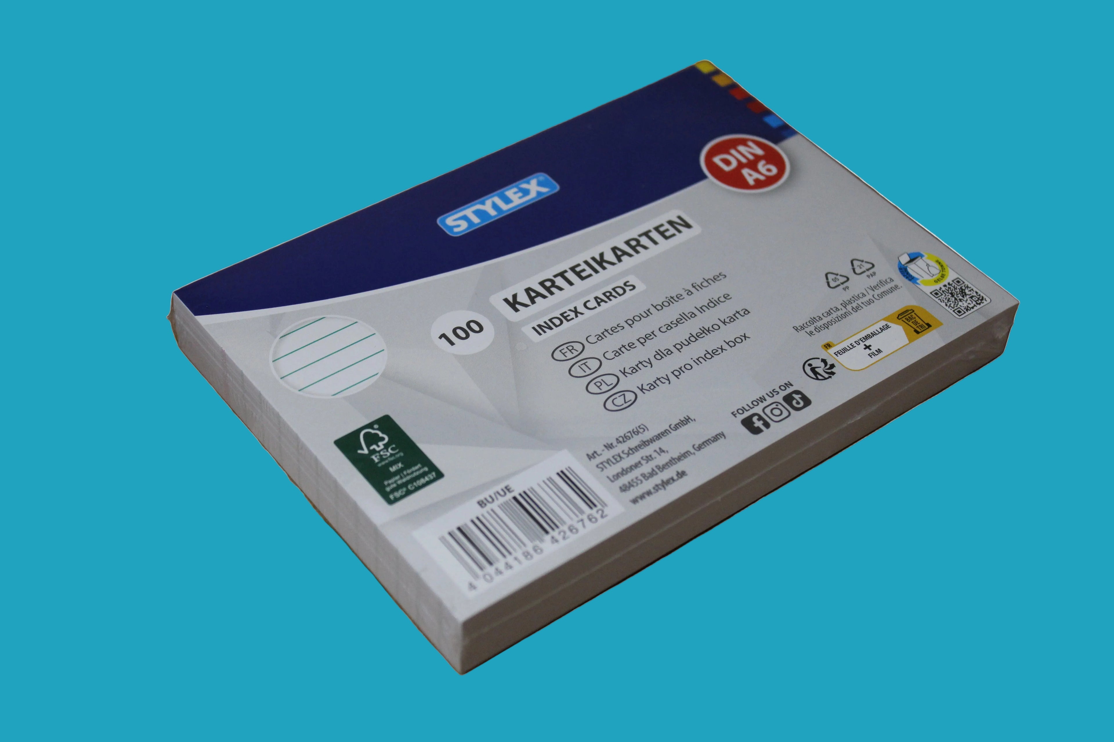 Stylex Karteikarten, A6, 140 g/m2, weiß, liniert, 100er Packung, 42676