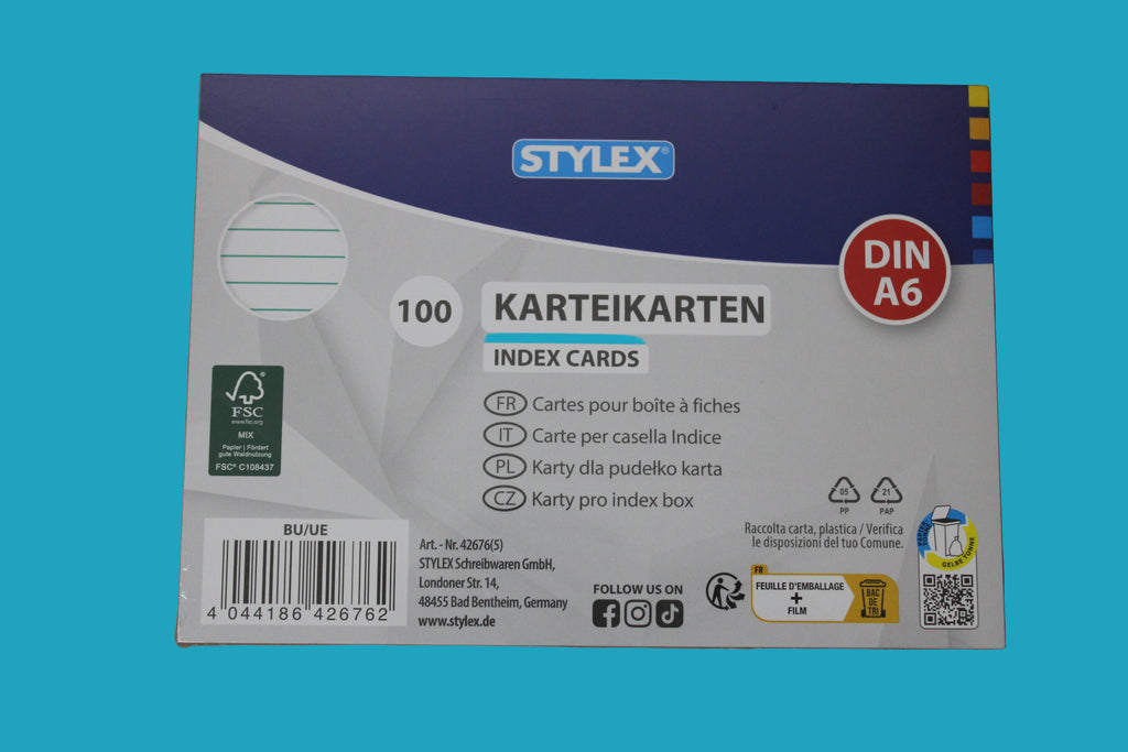 Stylex Karteikarten, A6, 140 g/m2, weiß, liniert, 100er Packung, 42676