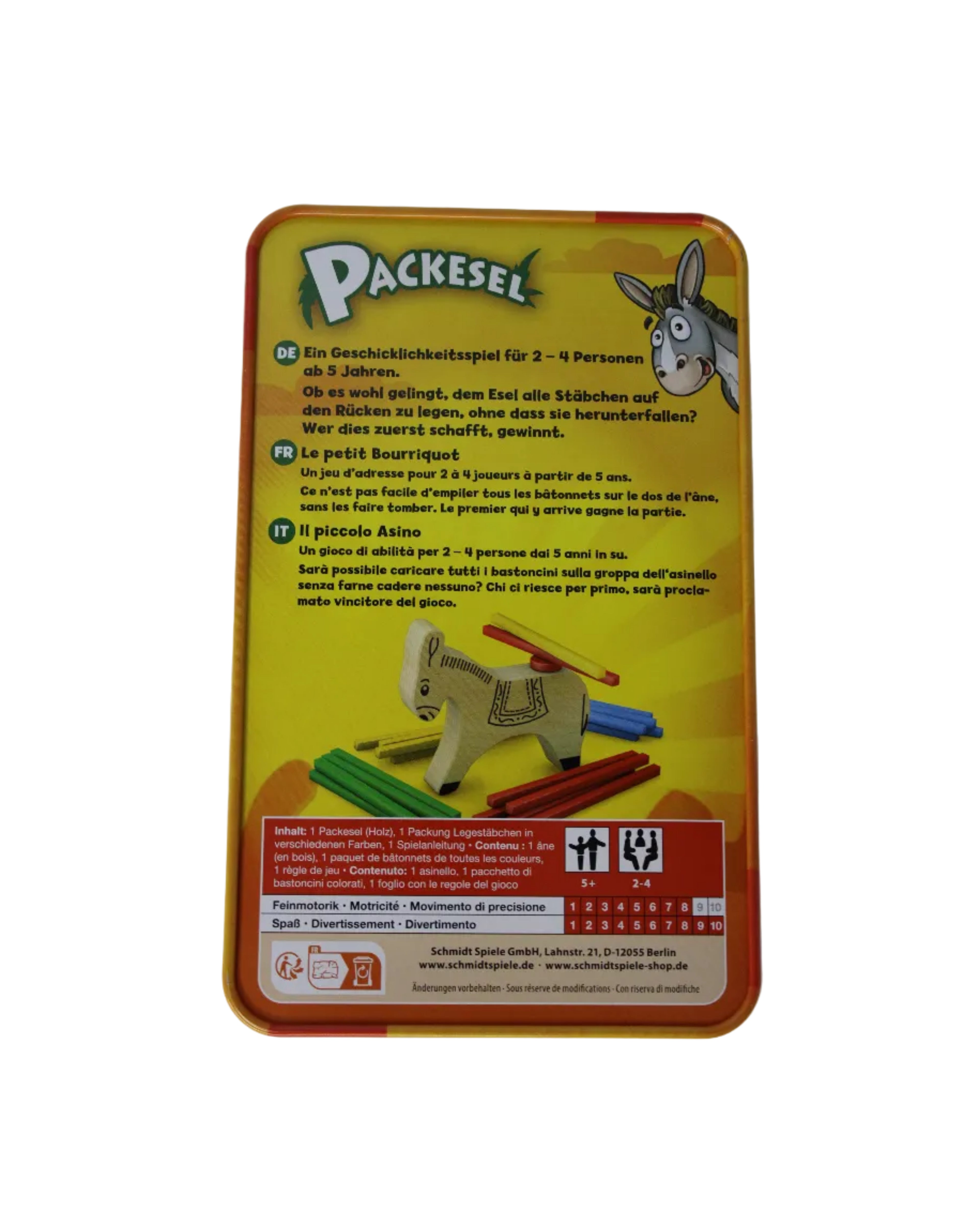 Schmidt-Spiele Geschicklichkeitsspiel Packesel, für 2-4 Spieler, aus Holz, Metalldose, ab 5 Jahre, 51235