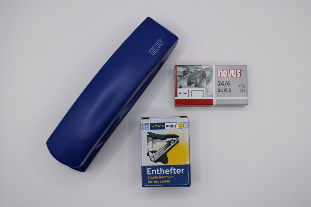 Tacker Set 2,Novus C2 Heftgerät 25 Blatt, blau, Novus Heftklammern, Typ 24/6 Super, Entklammerer Office-Point mit Feststeller, Starter Set