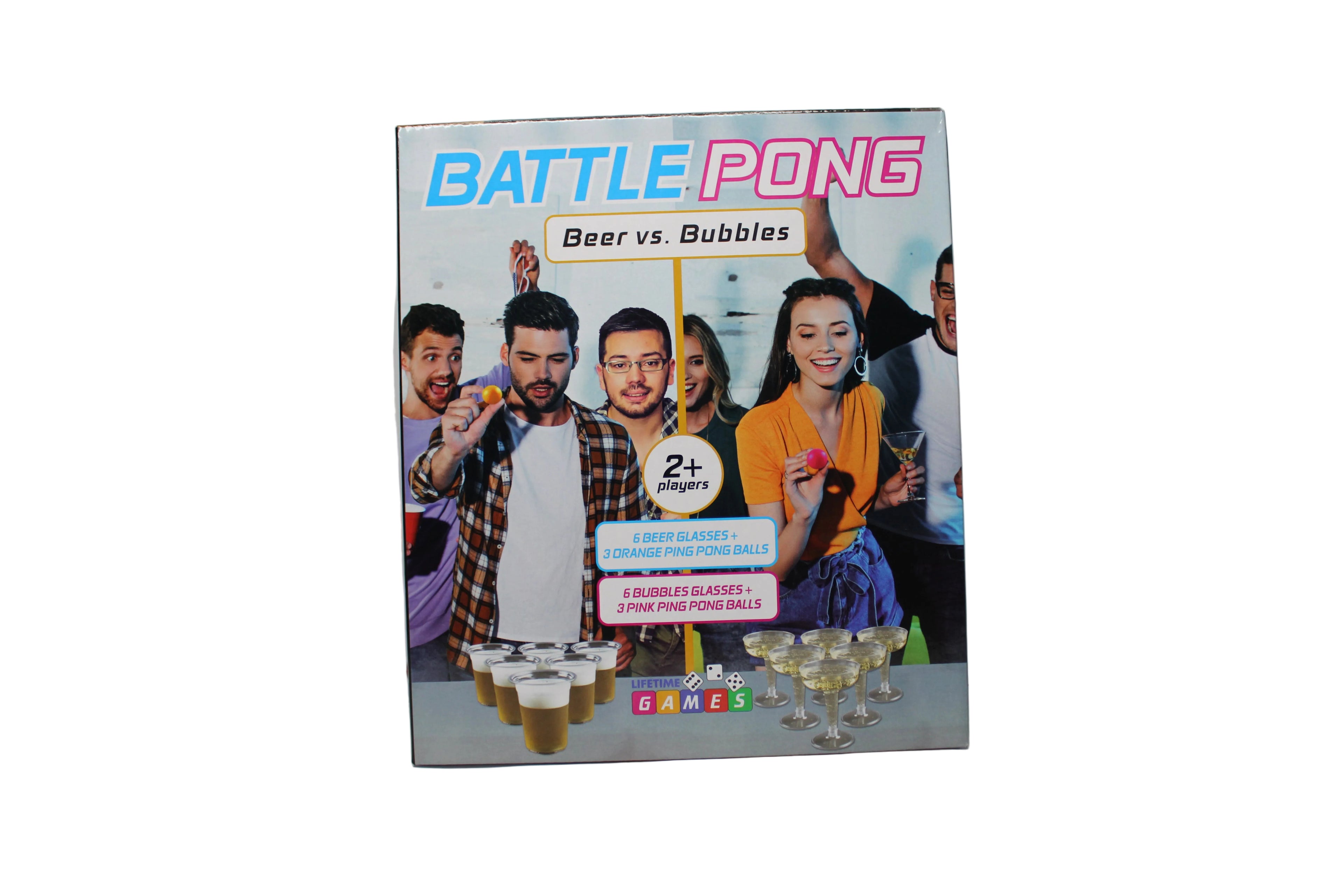 Battle Pong, Beer vs. Bubbles, 6 Beer Glasses + 3 Orange Ping Pong Balls, 6 Bubbles Glasses + 3 Pink Ping Pong Balls