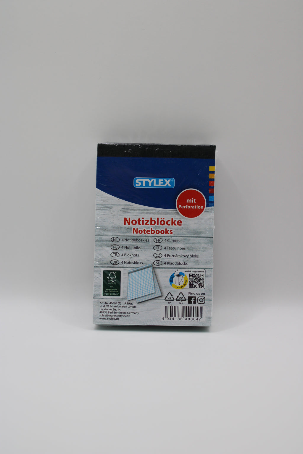 Notizblock Stylex, Notebooks, DIN A7, 70 g/m², weiß, kariert, 4. Stück, FSC-zertifiziertes Papier, Pro Block 60 Blatt, Mit Kopfleimung und Perforation, 40604