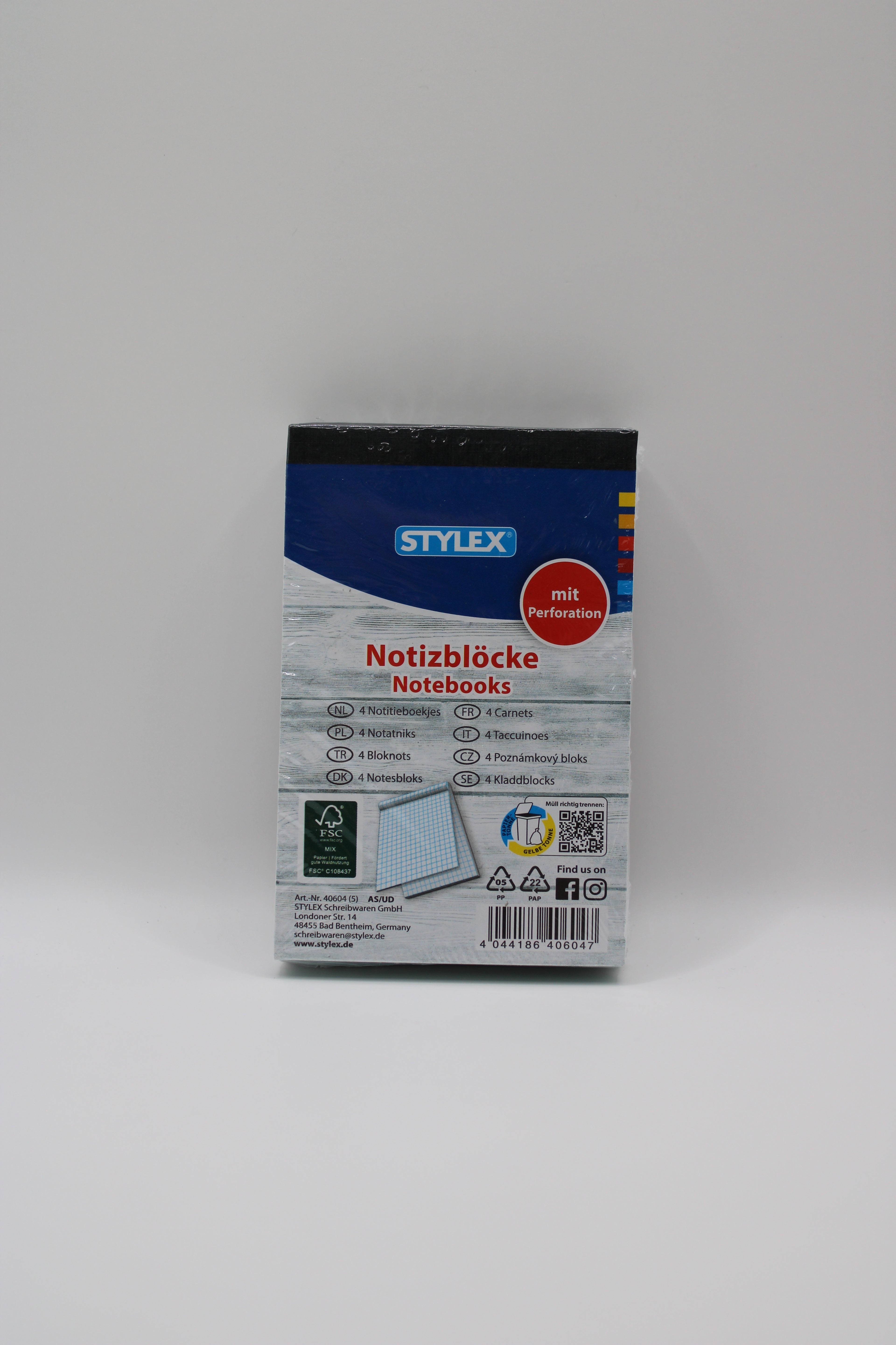 Notizblock Stylex, Notebooks, DIN A7, 70 g/m², weiß, kariert, 4. Stück, FSC-zertifiziertes Papier, Pro Block 60 Blatt, Mit Kopfleimung und Perforation, 40604