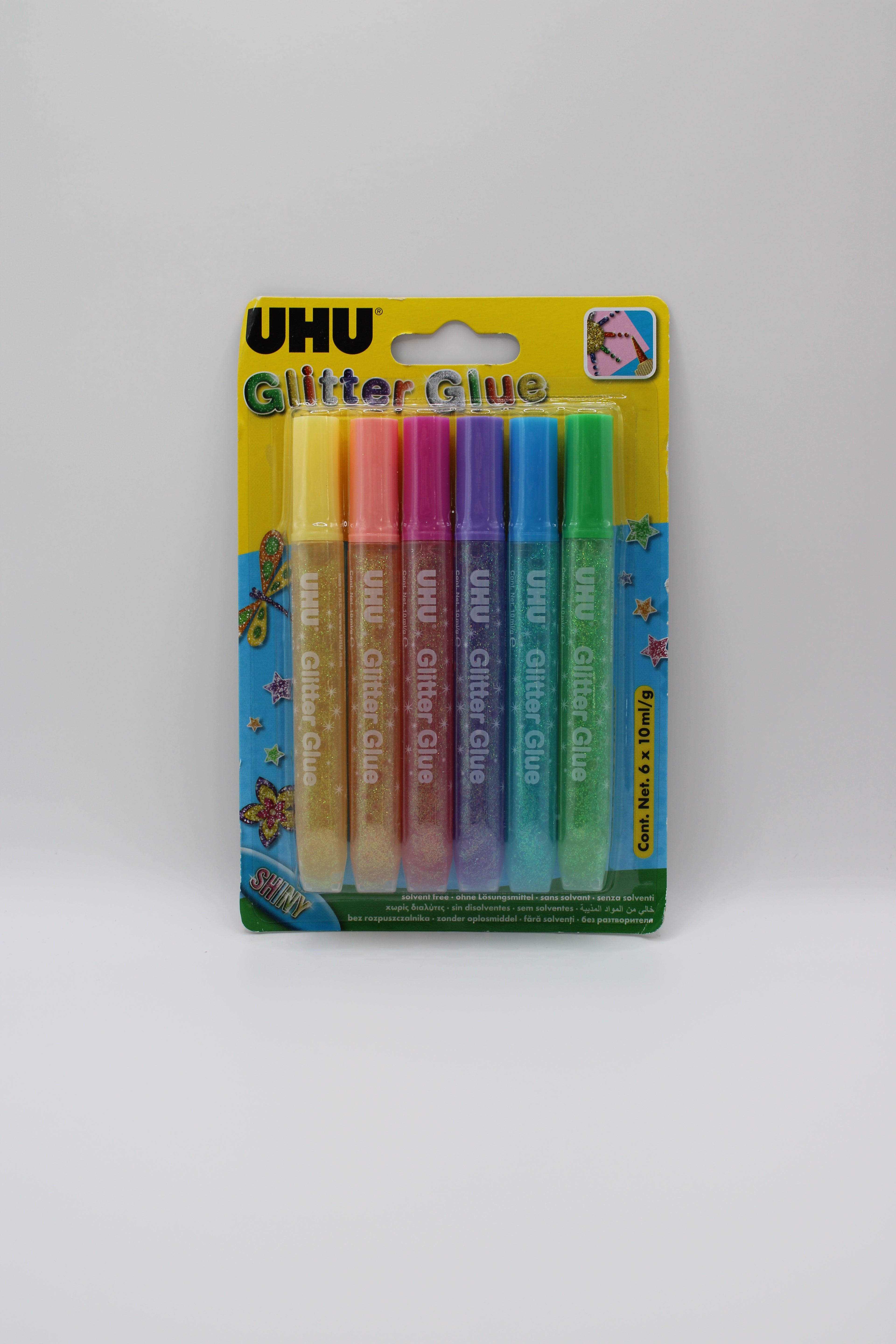 UHU YOUNG CREATIV Glitter Glue SHINY, Klebstoff mit Glitzer, 6x 10ml/g, farbig sortiert, für Bastelarbeiten und kreatives Dekorieren, 39110