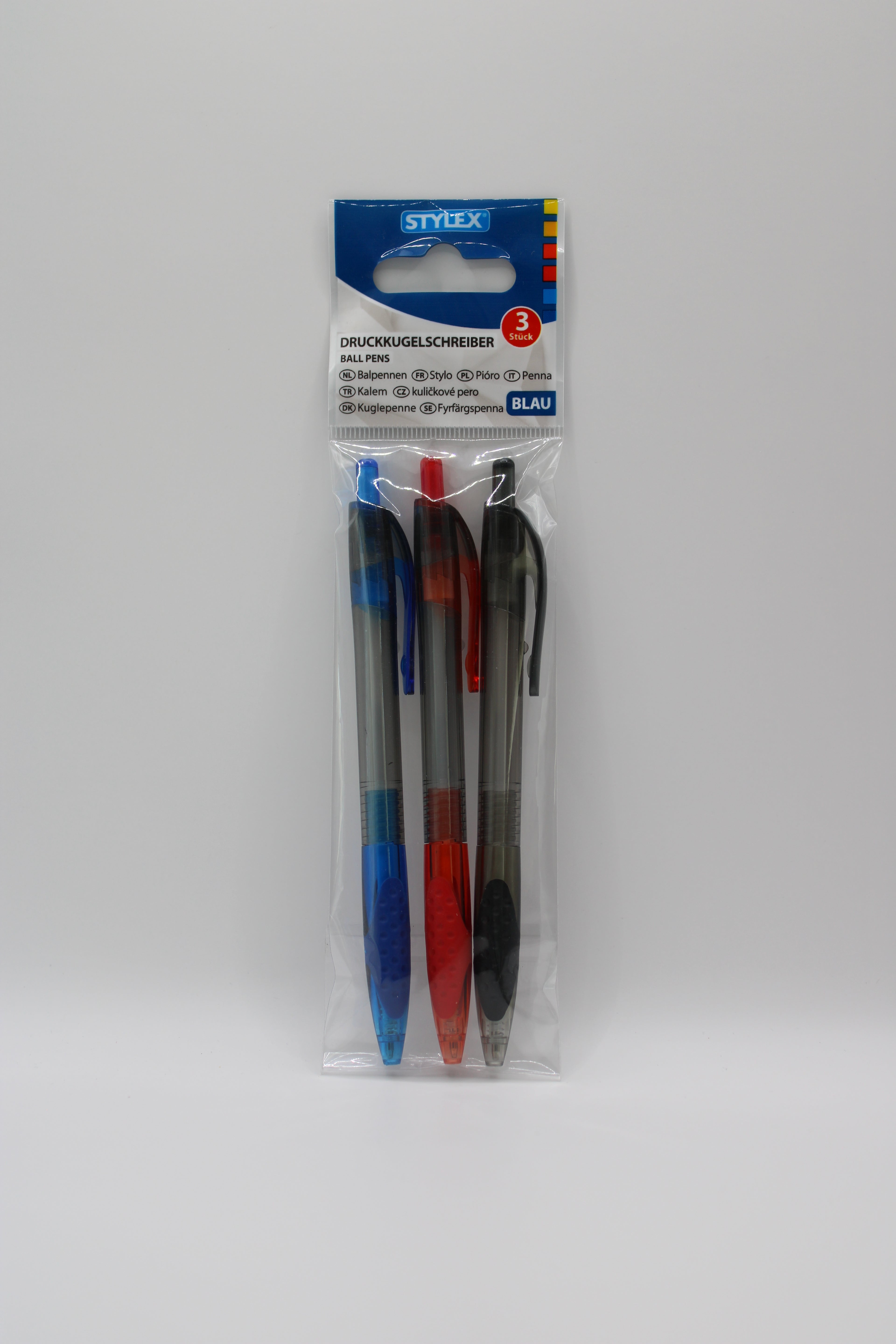 Druckkugelschreiber Stylex, Kugelschreiber, Ball Pens, 3. Stück, Tinte: Blau, Strichstärke: 1 mm, 3 Farben sortiert, 43853