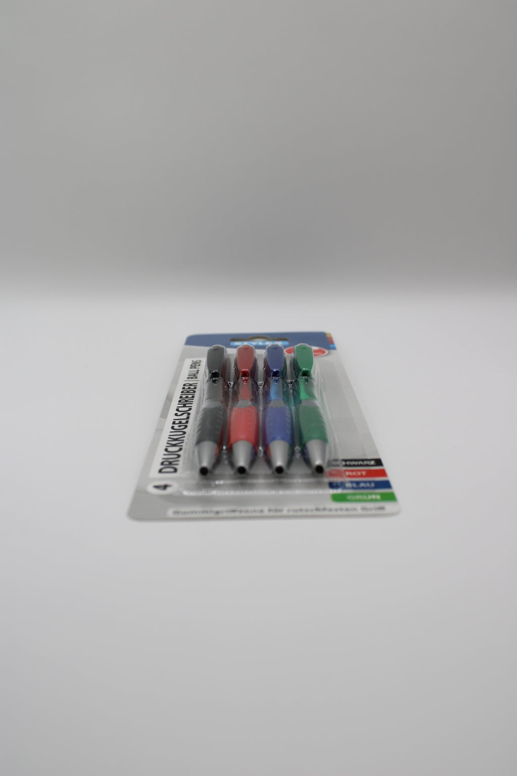 Druckkugelschreiber Stylex, Kugelschreiber, Ball Pens, 4. Stück, Tinte: grün-, rot-, blau- und schwarz, Strichstärke: 1 mm, 4 Farben sortiert, gummierter Griffzone, Einwegkugelschreiber, 30090