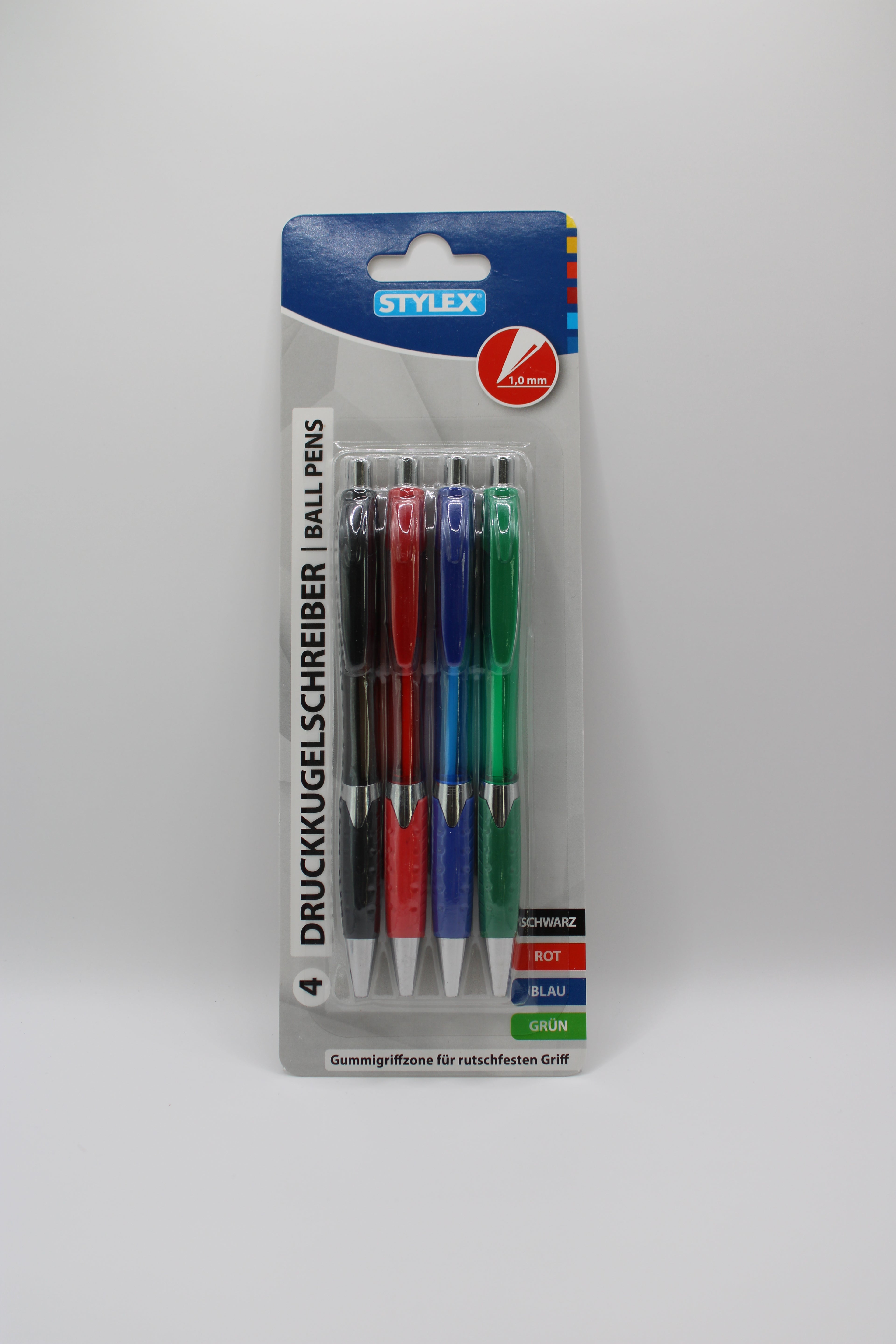 Druckkugelschreiber Stylex, Kugelschreiber, Ball Pens, 4. Stück, Tinte: grün-, rot-, blau- und schwarz, Strichstärke: 1 mm, 4 Farben sortiert, gummierter Griffzone, Einwegkugelschreiber, 30090